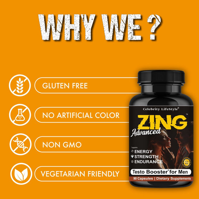 Zing Testosterone Booster for Men & Libido Booster, Enhances Strength Performance Mood Booster 90 Caps