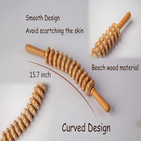 Wooden Curved Massager Handheld Roller Stick, 12 Rollers Trigger Point Manual Body Therapy Massager for Fascia, Cellulite, Muscle & Lymphatic Drainage, Muscle Belly Waist Relief Tool