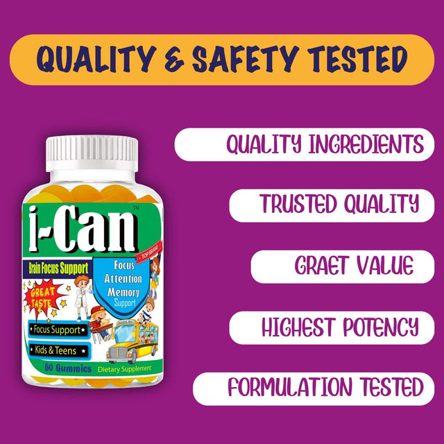 I-Can Brain Focus Supplements for Kids & Teens, Memory Booster Brain Vitamins with Omega 3 6 9, EPA DHA- 60 Gummy Vitamins