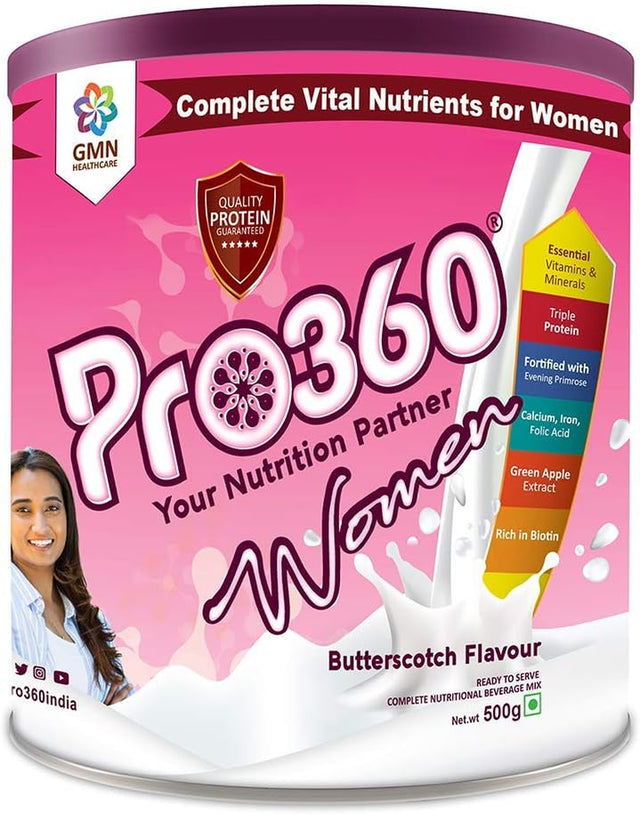 Pro360 Women Nutritional Protein Drink (Butterscotch Flavour) Complete Dietary Supplement for Glowing Skin, Strong Bones, and More Energy, 500 Gm