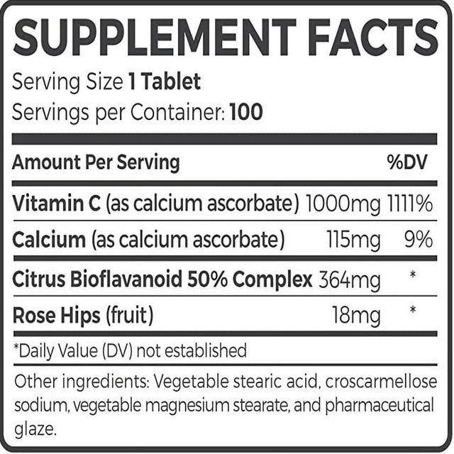 Healths Harmony Buffered Vitamin C 1000Mg Immune Support Supplement (Non-Gmo) - Immune Booster for Adults with Vitamin C, Calcium, Rose Hips and Citrus Bioflavonoids - 100 Tablets