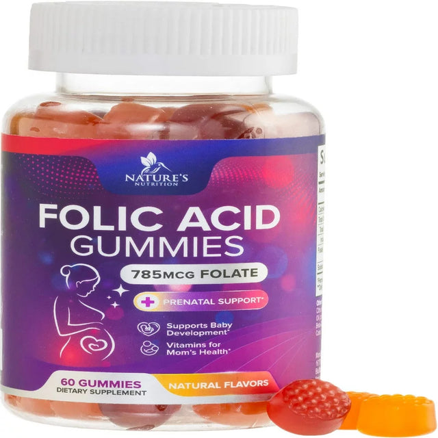 Folic Acid Gummies for Women 785 Mcg, Essential Prenatal Vitamins for Mom & Baby, Vegan Folic Acid Supplement Gummy, B9 Chewable Extra Strength Folate for before during after Pregnancy - 60 Gummies