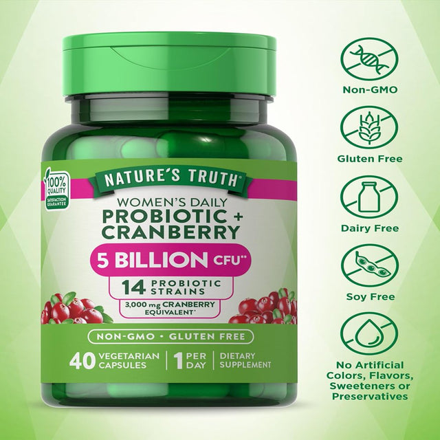 Probiotics for Women | 5 Billion Active Cultures | 40 Vegetarian Capsules | with Cranberry | Non-Gmo, Gluten Free | by Natures Truth