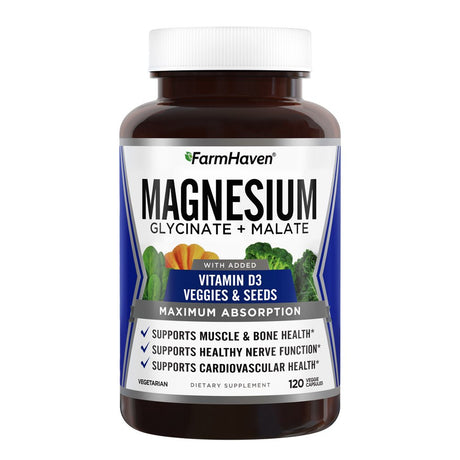 Magnesium Glycinate & Malate Complex, 100% Chelated for Max Absorption, No Laxative Effect, Vegan - Sleep, Leg Cramps Relief, Anti-Stress, Muscle Cramps - 250Mg, 120 Capsules, 60 Day Supply