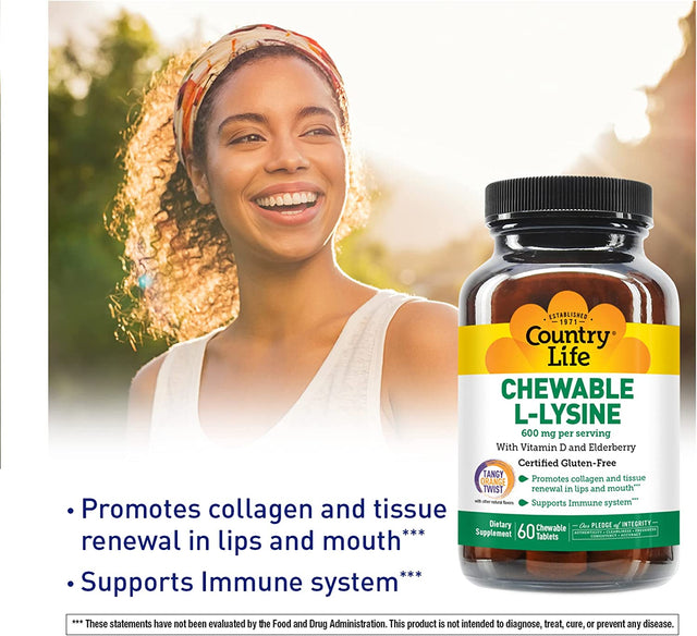 Country Life Chewable L-Lysine 600Mg - 60 Tabs - Supports Immune Health - Supports Natural Collagen Production - Vitamin D - Elderberry - Great Taste