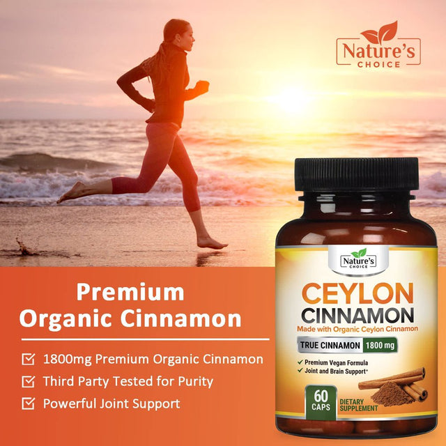 Ceylon Cinnamon Capsules - Certified Organic Cinnamon Pills, Non-Gmo, Dairy & Gluten Free, Sri Lanka Cinnamon Powder Supplement, Vegan True Cinnamomum Vitamins, Sugar Free, 60 Count Cinnamon Capsules