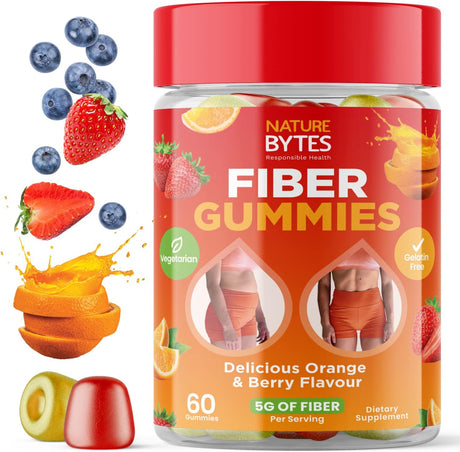 Prebiotic Fiber Gummies for Adults and Kids [15G Inulin Fiber from Chicory Root] for Digestive Health, Bloating, Constipation Relief │Natural Flavoured Berry & Orange Gummy Supplement