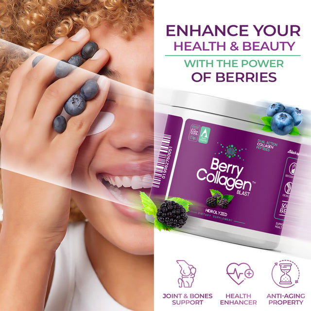 Berry Collagen Blast Powder Hydrolyzed (1) |Premium Blend Grass-Fed - Soy Free | Dual Action Collagen Peptides | Support Bones and Joints | Blueberry & Blackberry | IGEN GMO - 204 Grams