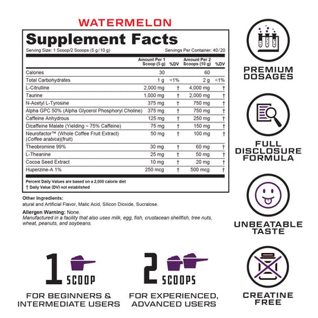 Prevail Preworkout for Energy Powder - Best Tasting Nootropic Pre Workout, Watermelon, 40 Servings - Intense Focus Supplement with L-Citrulline, Alpha-Gpc & L-Tyrosine