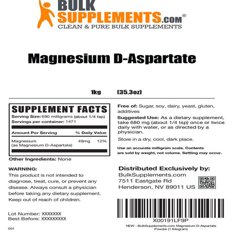 Bulksupplements.Com Magnesium D-Aspartate - Magnesium Supplement for Women - High Absorption Magnesium - Magnesium Mineral Supplements (1 Kilogram)