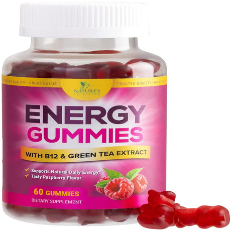 Energy Gummies Vitamin B12, Green Tea and Guarana Extract, Daily Energy Vitamin Supplement, Delicious Raspberry Flavor Gummy Chewable Supplement for Men and Women, Non-Gmo and Vegan - 60 Gummies