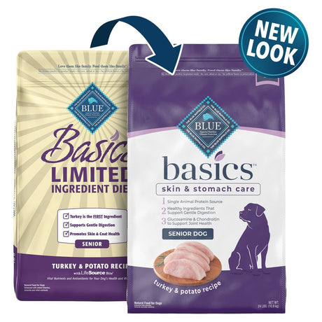 Blue Buffalo Basics Skin & Stomach Care Turkey and Potato Dry Dog Food for Senior Dogs, Whole Grain, 24 Lb. Bag