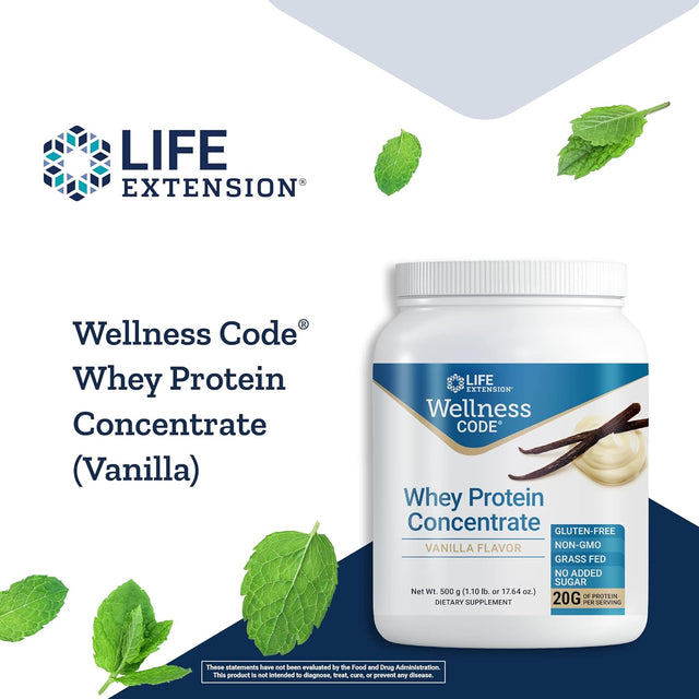 Life Extension Wellness Code Whey Protein Concentrate 20G Muscle Growth & Immune Health - Sourced from Grass-Fed, Free-Range, Hormone-Free Cows, Non-Gmo, No Added Sugar, Vanilla- 500G