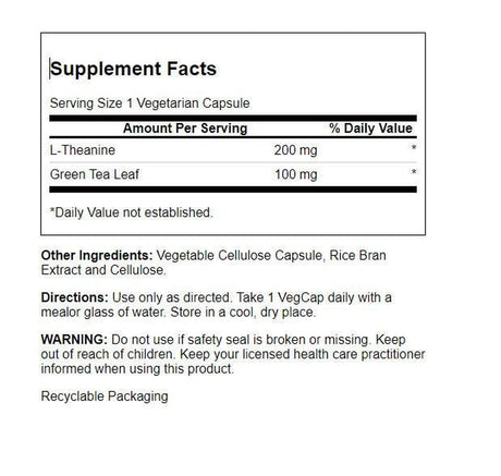 Solaray L-Theanine - 45 Vegcaps - 200 Mg + 100 Mg Green Tea Leaf