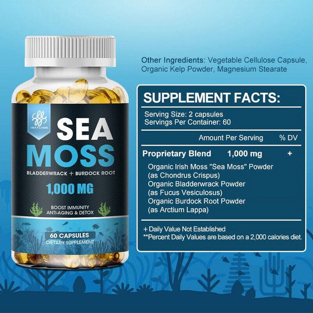 Imatchme 100% Natural Sea Moss Capsules 1000Mg Supplement - Immune System, Gut, Skin & Thyroid Support - 60 Capsules