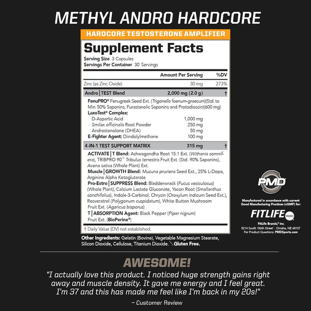 PMD Sports Methyl Andro with DHEA Amplifies Testosterone for Lean Muscle Growth and Strength Gains-Weightlifting and Workout Performance-Dietary Supplement (90 Vegetarian Capsules)