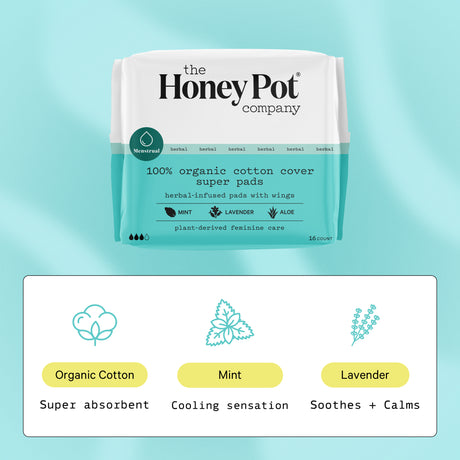 The Honey Pot Company, Herbal Super Pads with Wings, Organic Cotton Cover, 16 Ct.