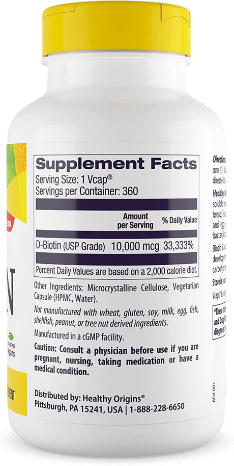 Healthy Origins Biotin 10,000 Mcg (USP Grade, Non-Gmo, Gluten Free, Hair Support, Nail Support), 360 Veggie Caps