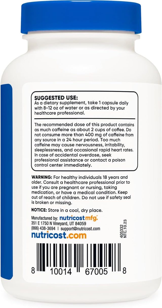 Nutricost Natural Caffeine 200Mg, 250 Vegetarian Capsules - Gluten Free, Non-Gmo