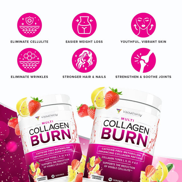 Collagen for Weight Loss Powder - Vitauthority Multi Collagen Burn with Hyaluronic Acid, Vitamin C, Proprietary Metabolism Support Blend & Cellulite Control Matrix - 30 Servings, Strawberry Lemonade