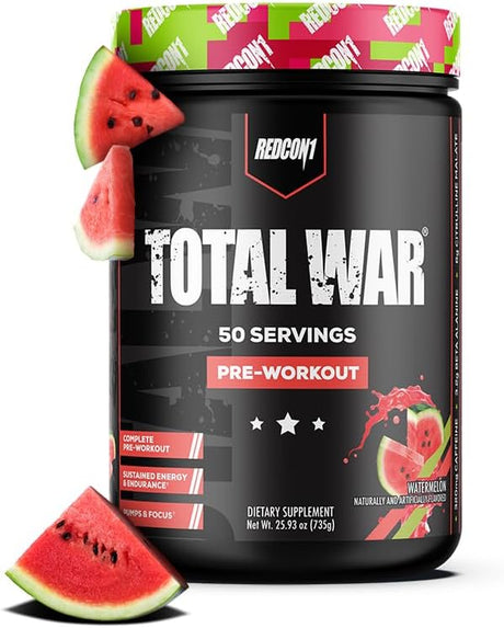 REDCON1 Total War Pre Workout Powder - Caffeinated Energy Powder with Beta Alanine for Enhanced Muscular Endurance - Fast Acting Preworkout with L Citrulline, Watermelon (50 Servings)