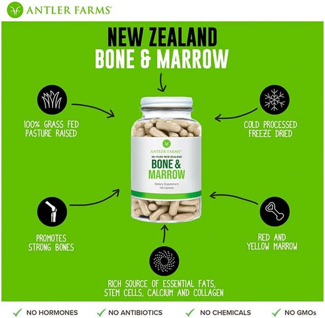 Antler Farms - 100% Pure New Zealand Bone & Marrow, 180 Capsules, 750Mg - Grass Fed, Pasture Raised Whole Bone Extract, Cold Processed, Healthy Essential Fats, Stem Cells, Collagen, Calcium