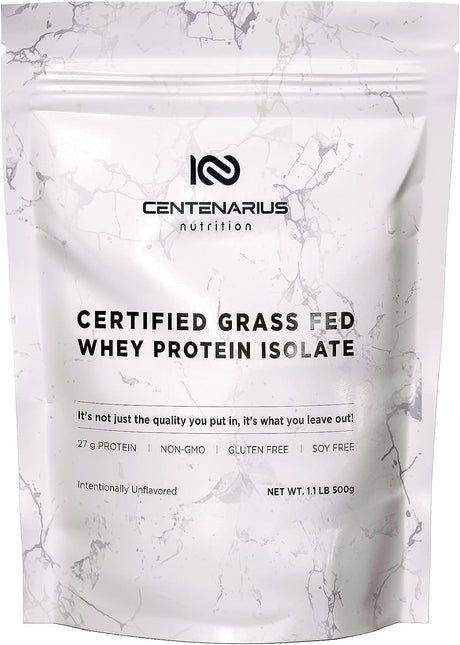 Centenarius Nutrition Grass Fed Whey Protein Powder Isolate with Natural Amino Acids for Optimized Muscle Growth, Recovery & Efficiency - Cold-Filtered, No Additives or Hormones - Unflavored