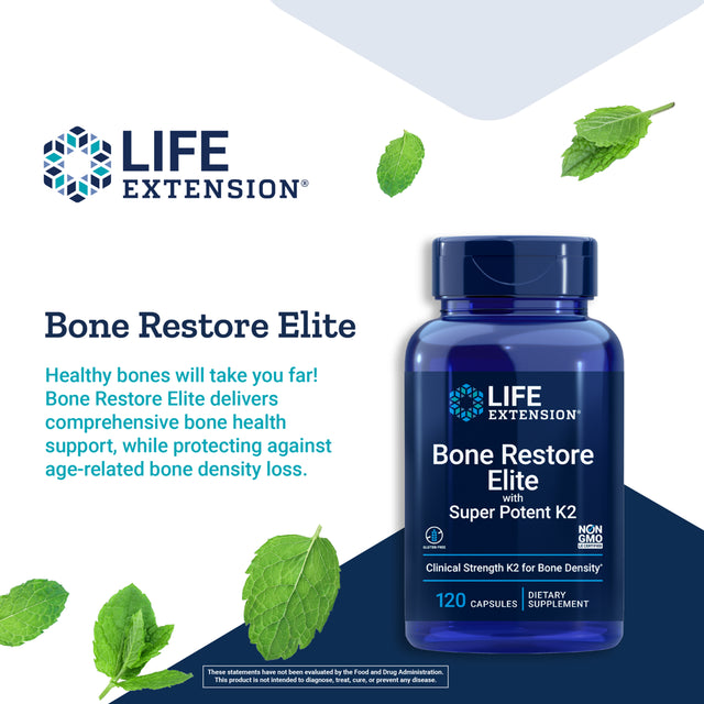 Life Extension Bone Restore Elite with Super Potent K2 - Clinically Studied Vitamin K2 Dose & Calcium, Promotes Bone Health & Density - Gluten-Free, Non-Gmo - 120 Capsules