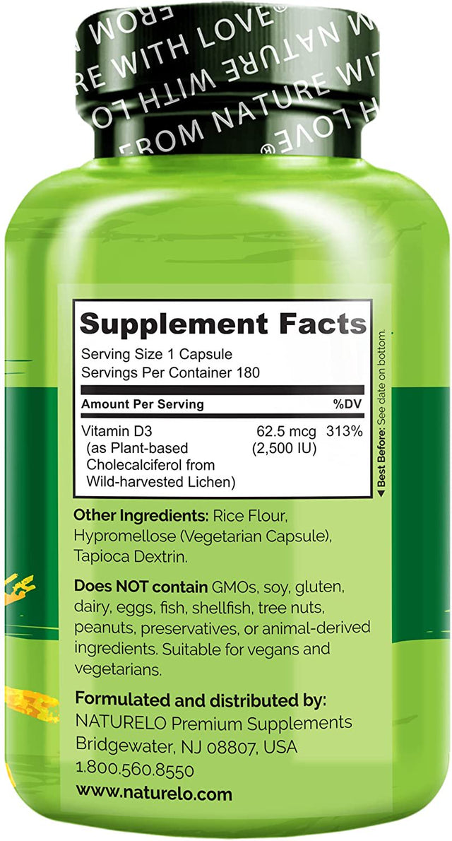 NATURELO Vitamin D3 - 2500 IU - Plant Based from Lichen - Natural Vegan D3 Supplement for Immune System, Bone Support, Joint Health - Non-Gmo - Gluten Free - 180 Mini Capsules