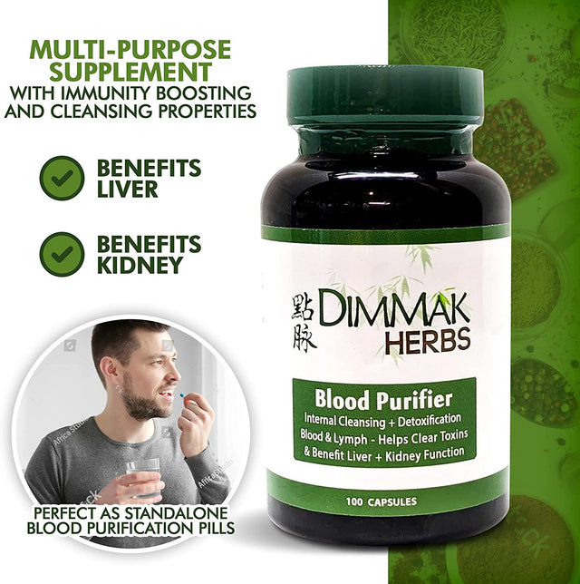 Dimmak Herbs Blood Purifier for Internal Cleansing & Detoxification + Benefits Liver and Kidney Function | Lab Tested Herbal Supplement 100 Capsules