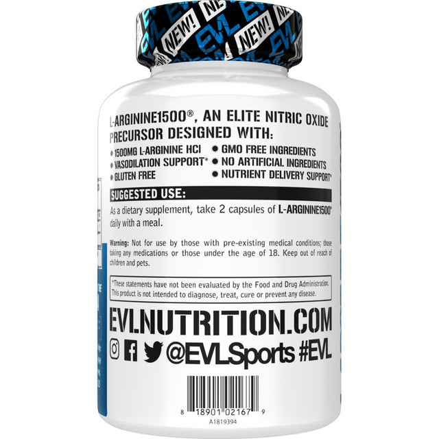 L-Arginine Nitric Oxide Pre Workout - Evlution Nutrition L-Arginine Nitric Oxide Booster Supplement for Muscle Growth & Vascularity - Powerful NO Booster with Essential Amino Acids 50 Servings