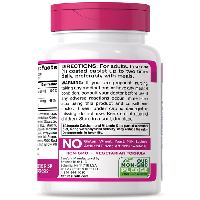 Calcium 600Mg with Vitamin D3 | 60 Tablets | Calcium Carbonate Supplement | Vegetarian, Non-Gmo, Gluten Free | Nature'S Truth