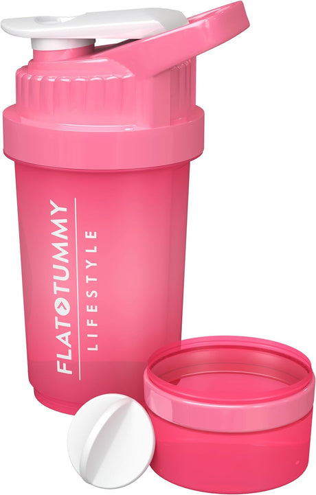 Flat Tummy Protein Shaker Bottle with Powder Storage - Pink Blender Bottle Shaker 20Oz - Protein Mixer with Protein Shaker Ball - Cute Shaker Bottle for Women - Preworkout Bottle