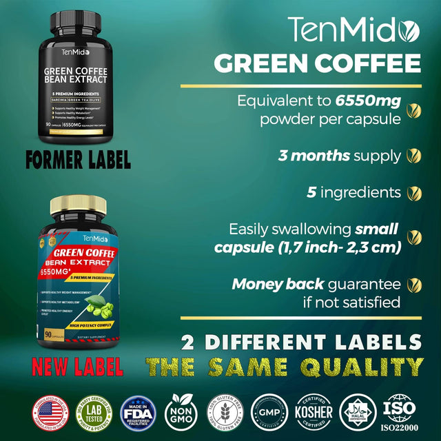 Green Coffee Bean Extract Capsules 6550Mg, 3 Months Supply with Garcinia, Olive, Green Tea, Kidney, Black Pepper | Support Weight Management, Improves Energy Booster Supplement Herbs