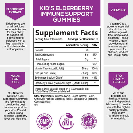 Elderberry Gummies for Kids with Vitamin C, Zinc & Sambucus Black Elderberry Extract - Daily Childrens Immune Support Vitamins Gummy Supplement, Non-Gmo, Vegan, Natural Berry Flavor - 60 Gummies