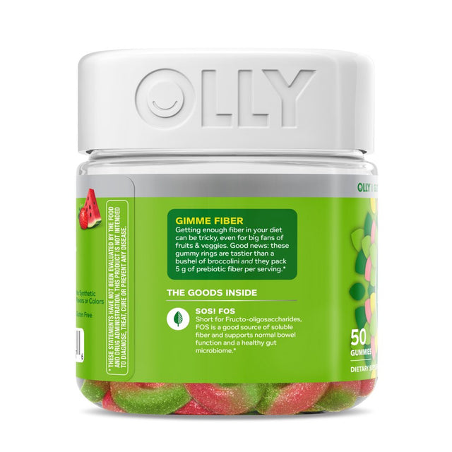 OLLY Fiber Gummy Rings, 5G Prebiotic Fiber, Digestive Support, FOS, Strawberry Watermelon, 50 Ct