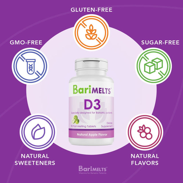 Barimelts Bariatric Vitamin D3 for Immune Support, 90 Fast-Melting Tablets, Post Weight Loss Surgery Patients, Apple Flavored Dietary Supplements