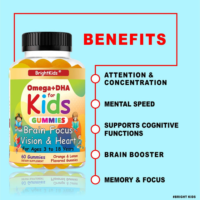 Brightkids Brain Focus, Vision & Heart Health Formula, Omega 3 Gummies +DHA, Support Focus Attention Memory Cognition Focus Formula for Kids 60 Gummies