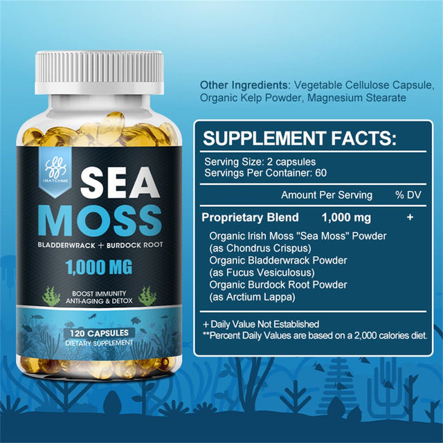 Imatchme 100% Natural Sea Moss Capsules 1000Mg Supplement - Immune System, Gut, Skin & Thyroid Support - 120 Capsules