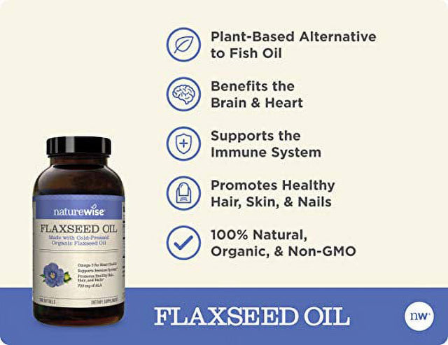 Naturewise Organic Flaxseed Oil Max 720Mg ALA | Highest Potency Flax Oil Omega 3 for Cardiovascular, Brain, Immune Support & Healthy Hair, Skin, & Nails | Gluten Free Non-Gmo [4 Month - 240 Softgels]