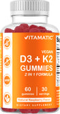 Vitamatic Vitamin D3 K2 Gummies - 60 Count - Supports Healthy Bone, Heart & Calcium Absorption, & Immune Health - Plant Based, Non-Gmo, Gluten Free