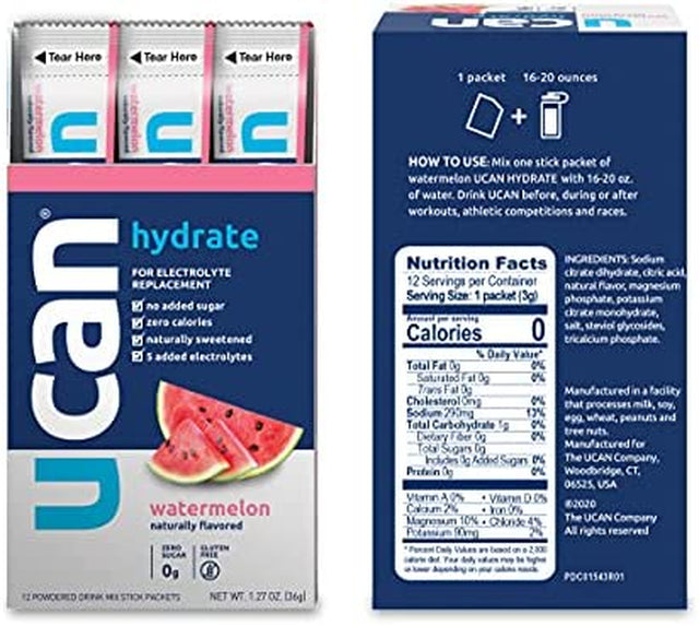 UCAN Hydrate Packets, Watermelon, 12 Count (1.27 Ounce), Keto, Sugar-Free Electrolyte Replacement for Men & Women, Non-Gmo, Vegan, Gluten-Free, Great for Runners, Gym-Goers, High Performance Athletes