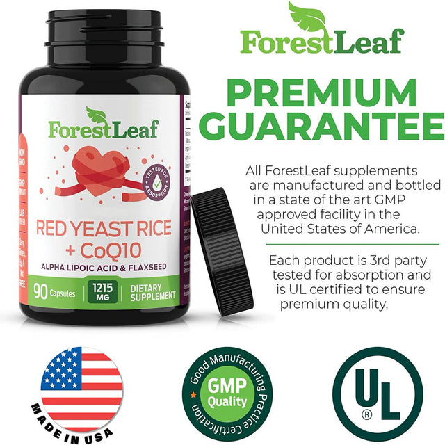 Forest Leaf Red Yeast Rice Supplement with COQ 10, Flaxseed & Alpha Lipoic Acid, 90 Count