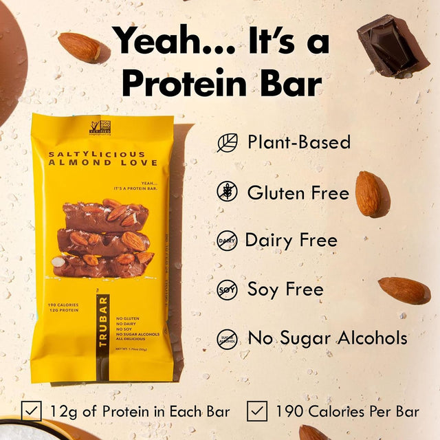 TRUBAR Vegan Protein Bars - Soy Free, Dairy Free, Gluten Free Protein Bars - No Sugar Alcohols - Non-Gmo - 12G of Protein - Saltylicious Almond Love - 12 Count