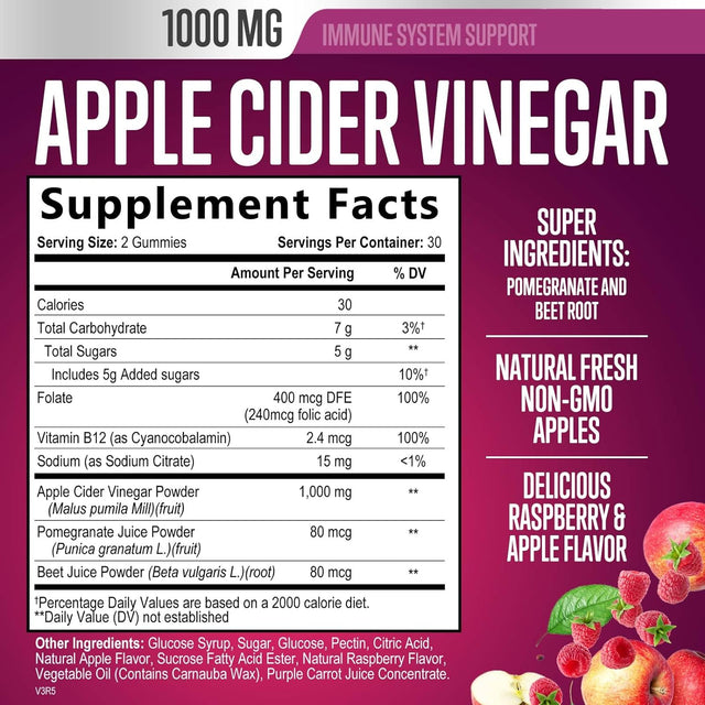 Vegan Apple Cider Vinegar Gummies 1000Mg for Detox and Cleanse, Nature'S ACV Gummy Vitamins B12 Supplement for Digestion, Natural Apple Raspberry Flavor, Non-Gmo, Gluten Free for Adults - 60 Gummies