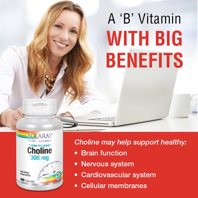 Solaray Choline, Two-Stage Timed-Release 300Mg | B Vitamin for Healthy Brain Function & Cardiovascular Support | Non-Gmo | 100 Capsules