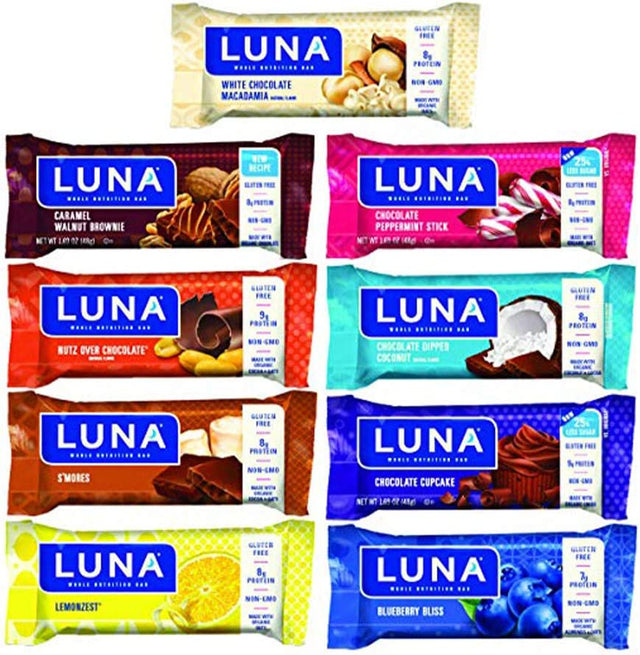 LUNA BAR - Gluten Free Snack Bars - 9-Flavor Variety Pack - 7-9G of Protein - Non-Gmo - Plant-Based Wholesome Snacking - on the Go Snacks (1.69 Ounce Snack Bars, 9 Count)