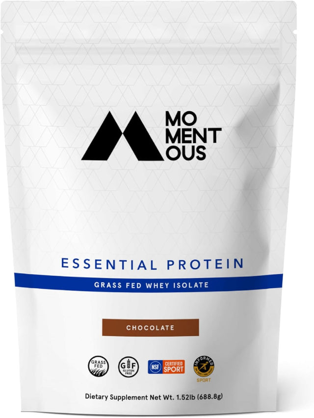 Momentous Essential Grass-Fed Whey Protein Isolate, 24 Servings per Pouch for Essential Everyday Use, Gluten-Free, NSF Certified (Chocolate)