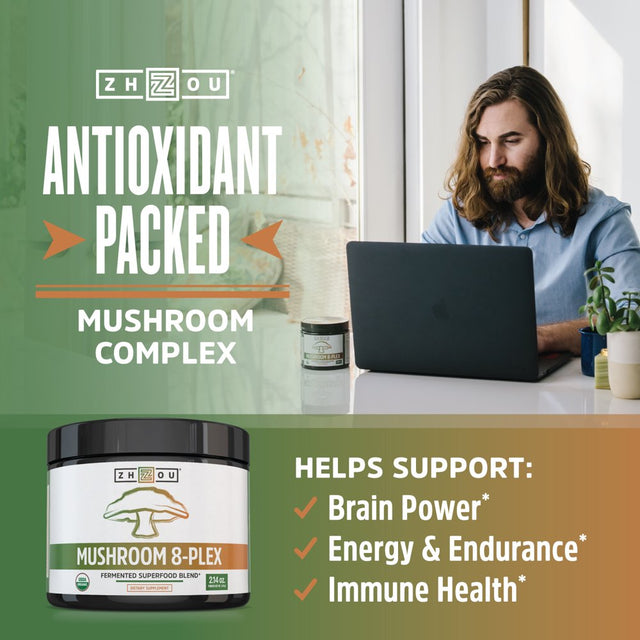 Zhou Mushroom 8-Plex | Boost Immune Support, Energy, Endurance & Overall Wellness | Lions Mane, Reishi Mushroom & Turkey Tail | 30 Servings, 2.14 Oz