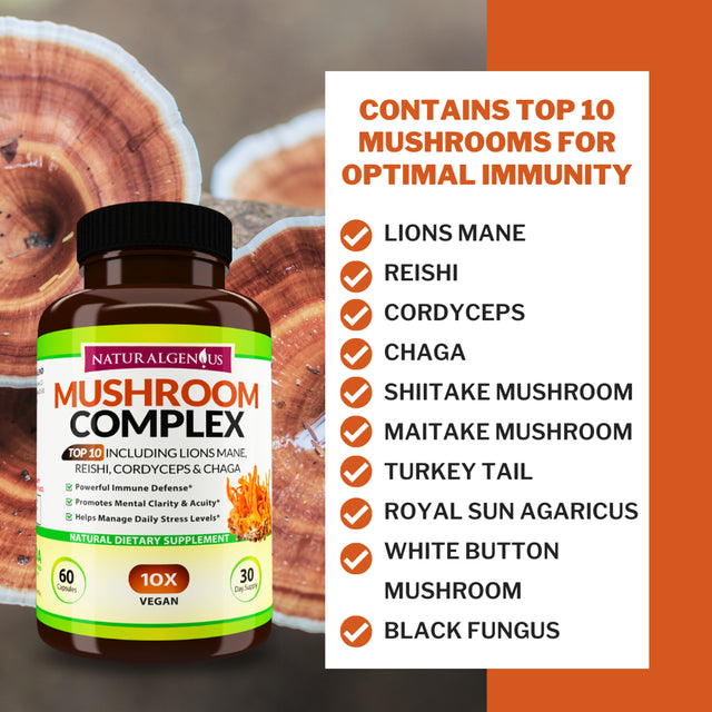 Natural Genius Top 10 Mushroom Complex - White Button, Chaga - Nootropic, Focus, Immune Supplement